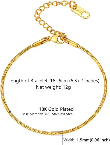 Miniatura 4 de PROSTEEL Cadena de serpiente de acero inoxidable 316L, chapado en oro negro de 18 quilates, pulsera de cadena de serpiente de 0.059 in, cadena
