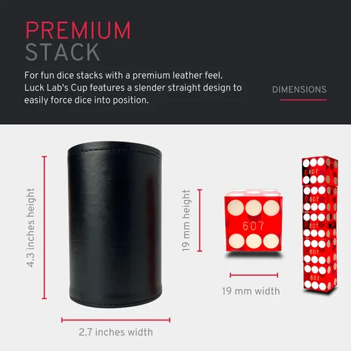 Miniatura 5 de Luck Lab Taza apilable de cuero negro con 5 dados de casino serializados con borde de maquinilla de afeitar de 0.748 in, taza recta profesional
