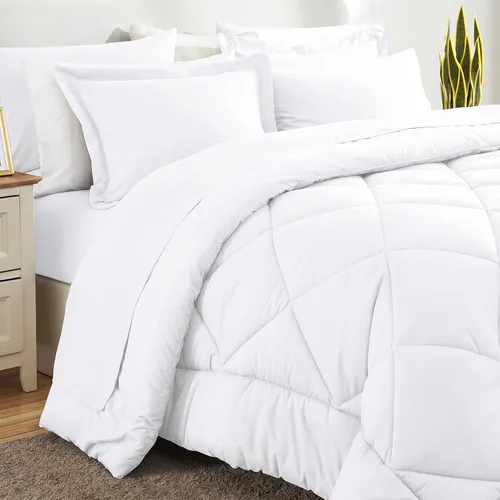 Miniatura 8 de CozyLux Juego de edredón tamaño matrimonial, blanco, toda la ropa de cama en una sola bolsa, 7 piezas: edredón de relleno alternativo, sábanas