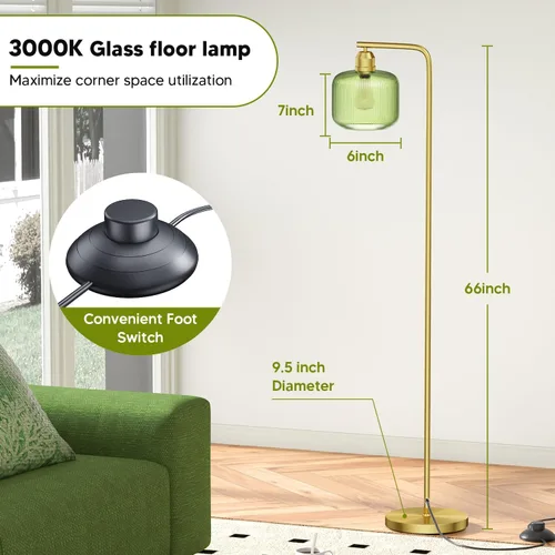 Miniatura 5 de Lámpara de pie de cristal para sala de estar, moderna lámpara de pie con pantalla de vidrio acanalado verde e interruptor de pedal, lámpara de pie