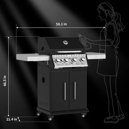 Miniatura 8 de Parrilla de gas propano, parrilla de barbacoa de acero inoxidable 4+1 con quemador lateral infrarrojo para cocinar al aire libre, color negro