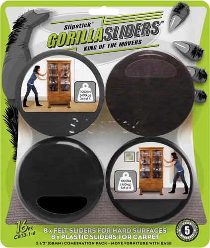 Slipstick GorillaSliders - Deslizadores de muebles de alta calidad para todas las superficies del suelo (kit de mudanza de 16 piezas) reutilizables