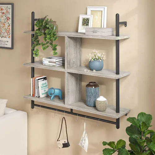 Miniatura 4 de Bestier Estantes Flotantes de Cocina de 41" Montados en Pared de 3 Niveles Barra de Café Estante para Tazas Colgante con 8 Ganchos Exhibidor