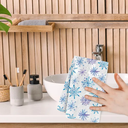 Miniatura 7 de 80 servilletas de Navidad con copos de nieve desechables de papel de copos de nieve azules y morados, servilletas decorativas de Navidad