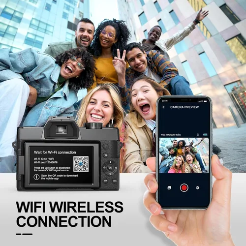 Miniatura 7 de Cámara digital 5K para fotografía, cámara de vlogging WiFi de 64MP con doble lente y pantalla abatible de 180°, zoom 16X, kit de cámara de apuntar