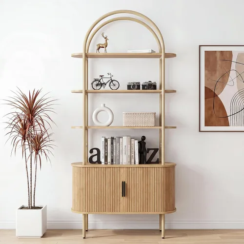 Estantería arqueada acanalada de 71 pulgadas de alto con puertas correderas de tambor, mueble estantería curvo de metal moderno de mediados de siglo