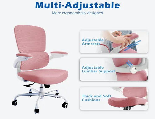 Miniatura 4 de TRALT Silla de oficina ergonómica, silla de escritorio con soporte lumbar ajustable, silla de computadora cómoda de malla con reposabrazos Rosa