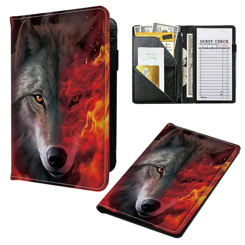 Miniatura 17 de Libros para camarera, cartera de cuero con bolsillo con cremallera, 7 bolsillos de almacenamiento para recetas y cheques, soporte para bolígrafos