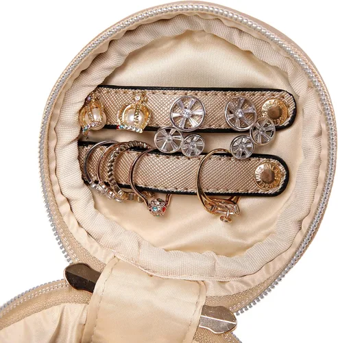 Miniatura 5 de Angelina's Palace Organizador redondo de joyas, bolsa de viaje, regalos de dama de honor, caja de cuero vegano para collar, aretes, pulsera, anillo