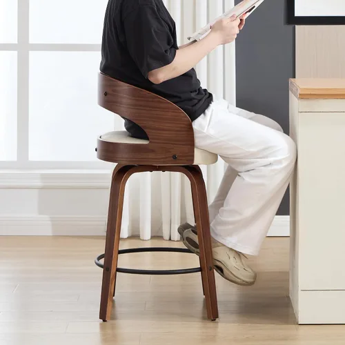 Miniatura 6 de Juego de 1 taburete de bar giratorio, 26" de cuero sintético tapizado, altura de mostrador con respaldo, silla de bar moderna de mediados de siglo