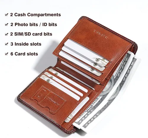 Miniatura 18 de Billetera de piel triple con bloqueo RFID para hombre con 2 ventanas de identificación, 2 compartimentos para efectivo, 6-8 ranuras para tarjetas