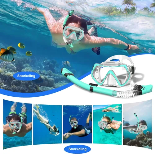 Miniatura 6 de Dry Snorkel Set,Panoramic Wide View Anti-Fog Scuba Diving Mask,Professional Snorkeling Gear for Adults Transparente Verde