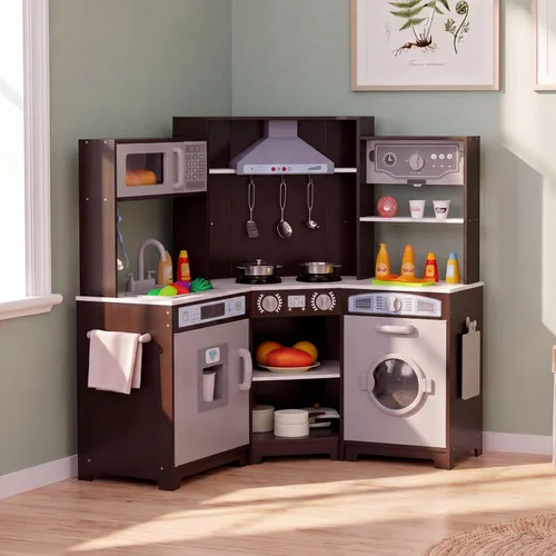 MAMIZO Cocina de Juego de Esquina para Niños, Cocina de Juguete de Madera de Simulación, Juego de Cocina Grande para Niños Pequeños con Lavadora,