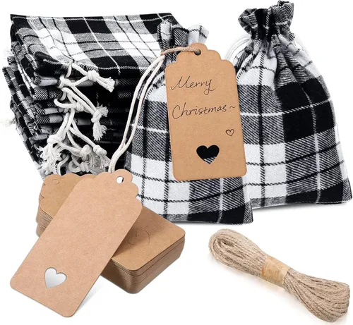 Miniatura 14 de Shappy 24 bolsas de Navidad con cordón, bolsas de arpillera a cuadros de Navidad, bolsas de lino con cuerda de 32.8 pies, 24 tarjetas