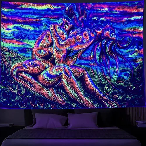 SparkLia Tapiz para amantes de la luz negra, colorido arte abstracto del amor beso, tapices de neón reactivos a los rayos UV, decoración del hogar