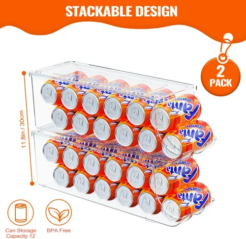 Miniatura 2 de SCAVATA Paquete de 2 organizadores de latas de soda para refrigerador, contenedor apilable de latas de alimentos enlatados, dispensador de latas