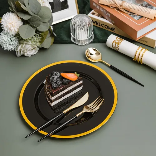 Miniatura 7 de N9R Juego de cubiertos de plástico dorado - 90 piezas con mango negro - Cubiertos de plástico elegantes, resistentes - 30 cucharas, 30 tenedores, 30