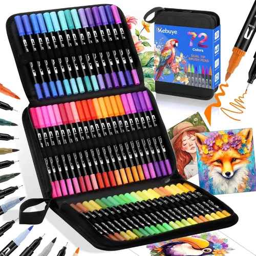 Marcadores para colorear con punta de pincel doble, 72 colores, acuarela, marcador de punta fina, bolígrafo de color de doble cara para adultos,