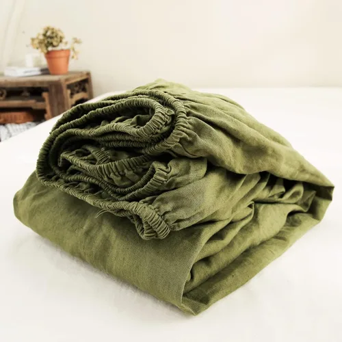 Sábana bajera de 100 % lino lavado a la piedra, color sólido – (1 pieza) funda de colchón de 14 pulgadas de profundidad suave, natural y Oliva