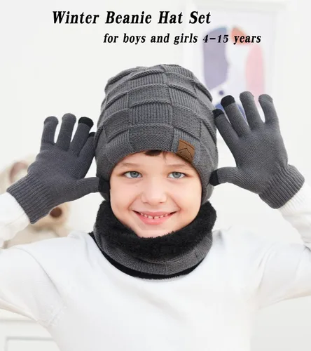 Miniatura 2 de KMOLY Gorro de invierno para niños, bufanda y pantalla táctil, juego de guantes para niños y niñas de 4 a 15 años, gorro de calavera, gorro de punto
