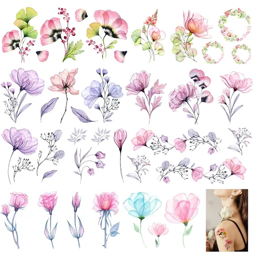 Miniatura 9 de 60 hojas de tatuajes temporales de flores 3D de mariposas para mujeres y niñas, calcomanías de tatuaje de rosas coloridas, impermeables