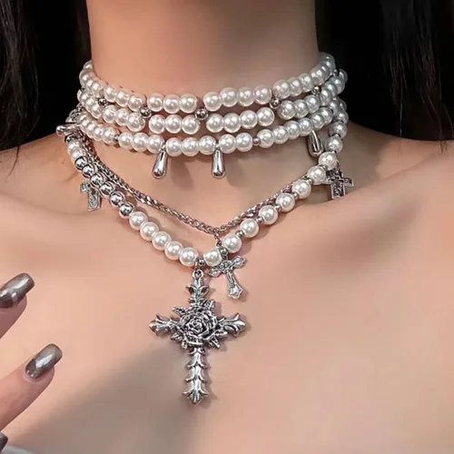 Miniatura 5 de Collar de perlas en capas con cruz gótica, collar apilado de perlas para mujer