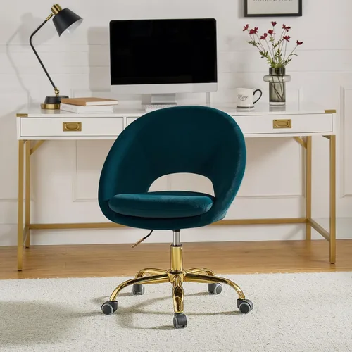 Miniatura 16 de TINA'S HOME Silla de oficina moderna de terciopelo con giro ajustable, cómoda silla de escritorio tapizada con respaldo abierto, pequeña y bonita