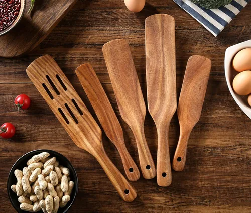 Miniatura 4 de Juego de 6 espátulas de madera para cocinar, juego de 6 espátulas de teca natural con barril de almacenamiento de acero inoxidable, utensilios
