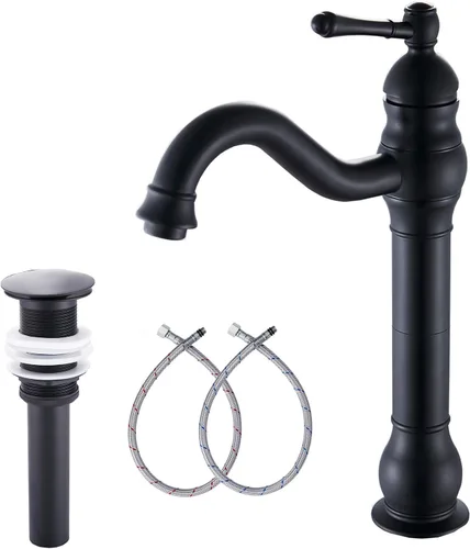 Grifo de baño negro GGStudy con giro de 360°, de una sola manija y un agujero, grifo de fregadero de baño que coincide con el desagüe emergente