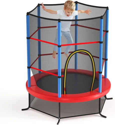 Miniatura 10 de GYMAX Trampolín de 55 pulgadas para niños, trampolín aprobado por ASTM con red de seguridad completa y cremallera lateral doble, mini trampolín