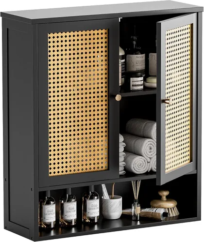 HITNET Gabinete de baño montado en la pared, gabinete colgante de ratán, gabinete de pared de baño que ahorra espacio con 2 puertas y estantes Negro