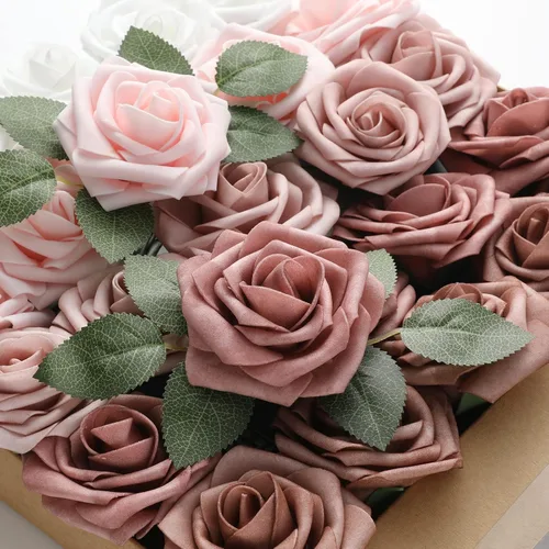 Miniatura 2 de DerBlue 60 rosas artificiales de aspecto real, rosas artificiales de espuma para decoración de bodas, arreglos, fiestas, decoración del hogar