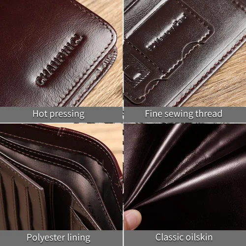 Miniatura 50 de Billetera de piel triple con bloqueo RFID para hombre con 2 ventanas de identificación, 2 compartimentos para efectivo, 6-8 ranuras para tarjetas