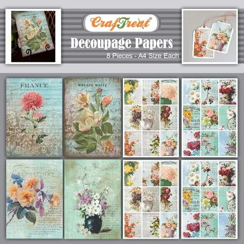 CrafTreat Papel de decoupage floral A4 (8.3 x 11.7 pulgadas), 8 hojas de papel de manualidades con estampado floral y mini para muebles, álbumes de