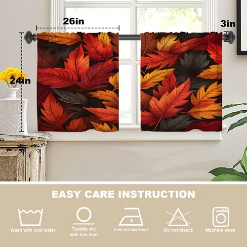Miniatura 5 de Cortinas de cocina de hojas de arce otoñales para ventanas, hojas verdes y rojas sobre cenefas opacas negras, tratamientos de ventana de poliéster