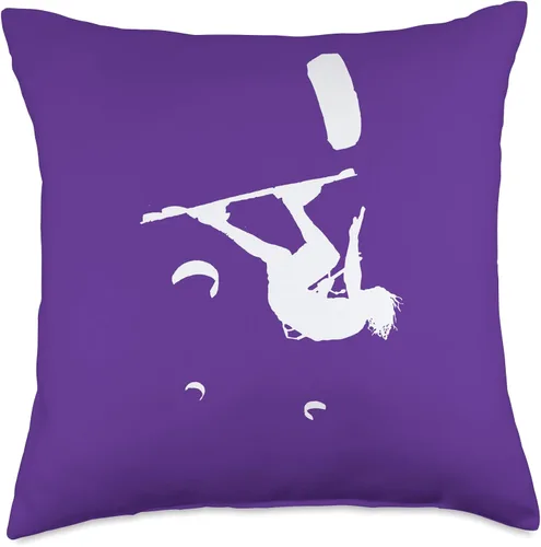 Miniatura 4 de Kitesurf Gifts and Surf Lover Tees by taiche Kitesurfer Somersaulting White Vector Silhouette Throw Pillow, 16x16, Multicolor