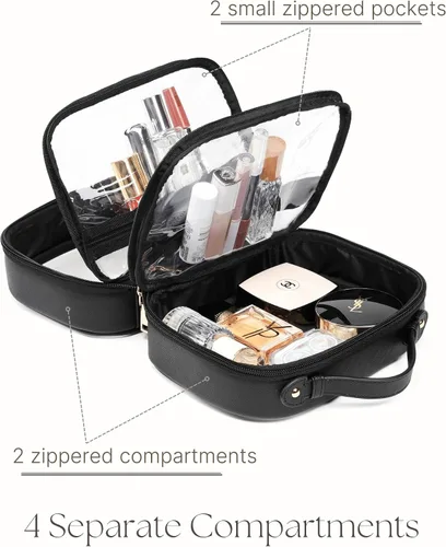 Miniatura 3 de Bolsa de Cosméticos Transparente de Doble Capa Bolsa de Artículos de Tocador de Viaje Estuche de Maquillaje Transparente con 4 Compartimentos, Bolsa