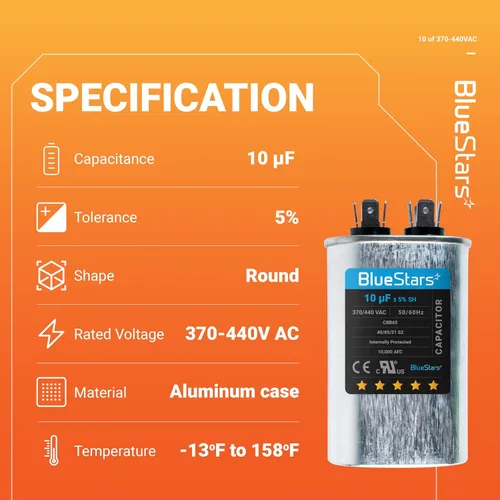 Miniatura 3 de [Listado UL] BlueStars 10 uF ± 5% MFD 370/440V CBB65 CBB65A Pieza de Repuesto de Capacitor de Arranque y Funcionamiento Ovalado - Capacitores