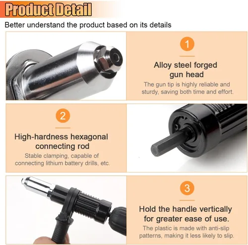 Miniatura 3 de Kit de adaptador de pistola de remache Pop, taladro eléctrico sin cable con accesorios de remache, con 4 cabezas de remache de 2.4mm, 3.2mm, 4.0mm