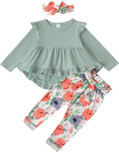 Miniatura 199 de Kucnuzki Conjunto de ropa para bebé niña pequeña, camisa de manga con volantes, pantalón floral, ropa de otoño e invierno para niña