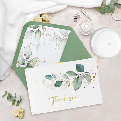 Miniatura 6 de Lujosas tarjetas de agradecimiento doradas con sobres, paquete de 32 tarjetas de eucalipto en blanco para todas las ocasiones, notas