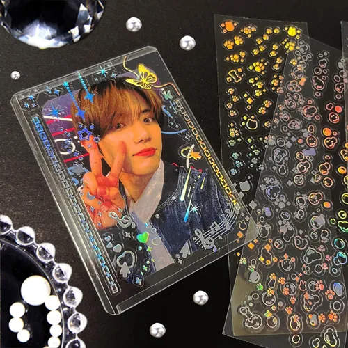 Miniatura 3 de 24 hojas de calcomanías holográficas Kpop, calcomanías coreanas para fotocartas, autoadhesivas, con purpurina transparente, estrellas, lunas, Color-a