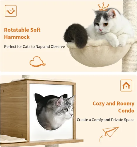Miniatura 4 de Made4Pets - Árbol para gatos, torre moderna para gatos de interior, condominio de madera de 65 pulgadas de alto con hamaca, poste rascador