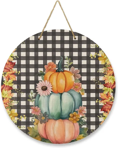 Seasonal Front Door Welcome Sign, Pumpkin Thanksgiving Floral Maple Leaf Round Wood Wreaths Wall Hanging Sign for Outdoor Porch Wall Pediments Home