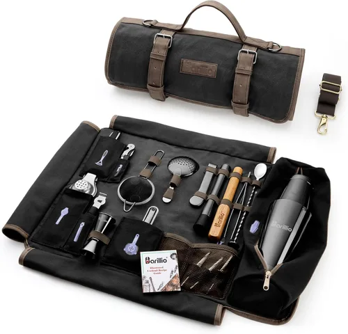Barillio Bolsa de Kit de Barman con Juego de Coctelera Negra – Lona Encerada, Bolsa de Herramientas de Bar de Viaje con Kit de Cóctel de 17 Piezas –