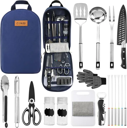 Bolsa de almacenamiento de utensilios de cocina para campamento, juego de utensilios de cocina de campamento, bolsa de almacenamiento portátil Azul