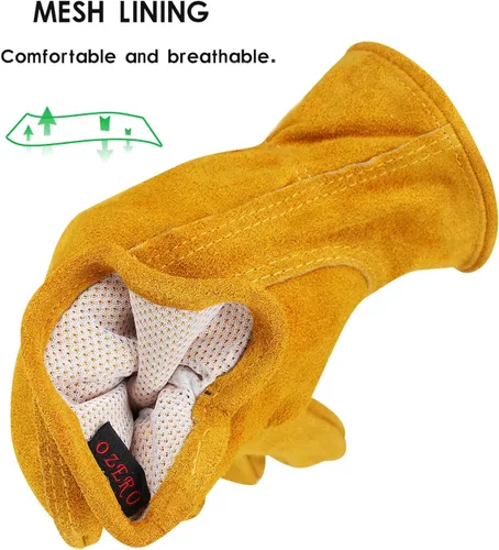 Miniatura 2 de OZERO Guantes de trabajo de piel de vaca con agarre flexible para cortar madera, construcción, conducción de camiones, jardín/patio para trabajo Oro