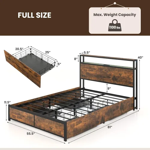 Miniatura 2 de Giantex Base de cama matrimonial con cabecero de luces LED y 4 cajones de almacenamiento, plataforma de metal con tomas de corriente y puertos USB