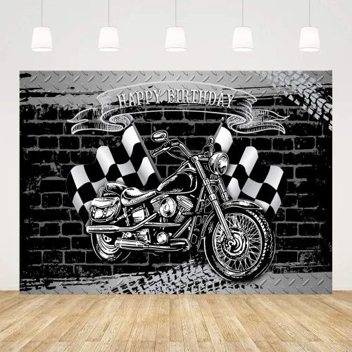 Ticuenicoa Telón de fondo de fiesta de cumpleaños de motocicleta para fotografía, bandera negra y blanca, fondo de pared de ladrillo para hombres,