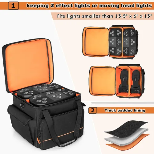 Miniatura 2 de LUXJA Bolsa acolchada para 2 luces de efecto o luces de cabeza móvil, bolsa de luz de efecto con divisor interior y bolsillos para accesorios